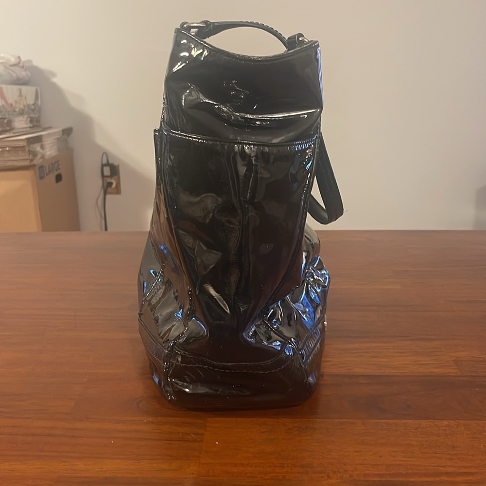 Coach ladies black patent leather tote. Green lining. F24893. - Picture 5 of 15